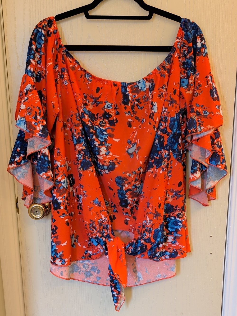 Women's Red Floral Tie-Front Ruffle Sleeve Top Size 2XL | Boho Blouse